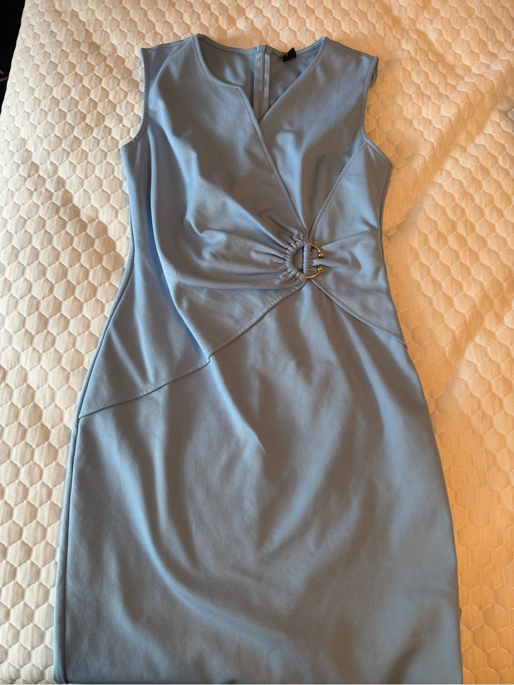 Sleeveless Light Blue Sheath Dress with Decorative Ring Detail